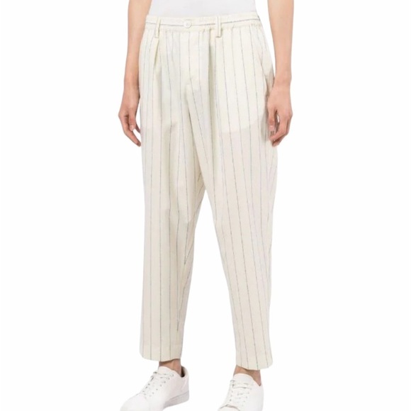 Creatures of Comfort Pants - Creatures of Comfort- Highwaisted Ivory Trousers with pale Thin Blue Pinstripes